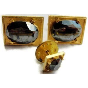 Black Faceted Cuff Link Set Dante Gold Tone Cufflinks & Tie Tack Tux Shirt Vtg